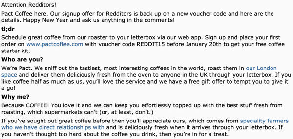 Pact Coffee reddit advert